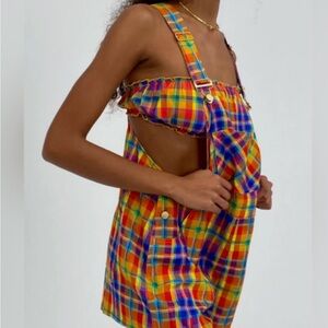 WE WORE WHAT Overall Short Rainbow Plaid Size Small NWT 128$ Linen Blend